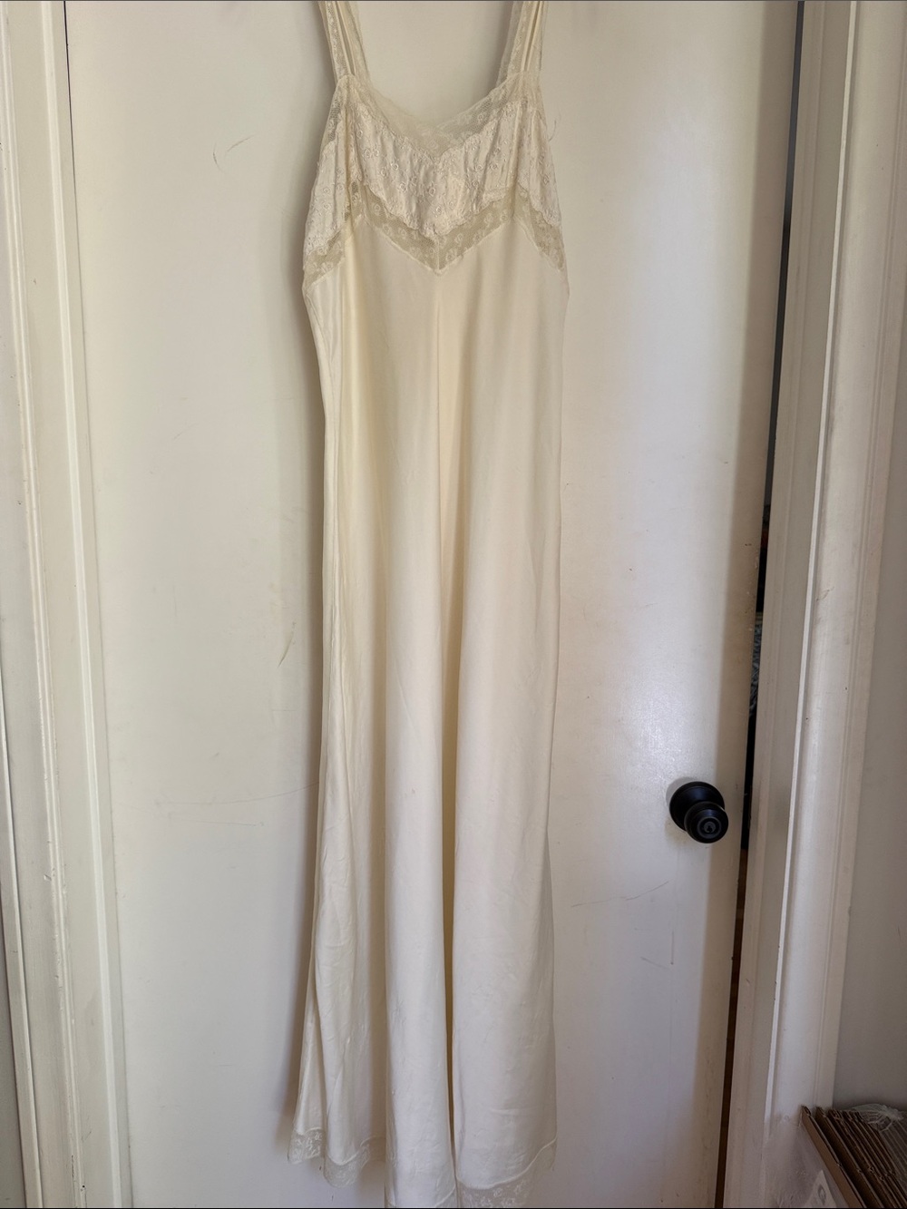 Vintage Barbazon  Cream Lace-Trim Maxi Slip Dress